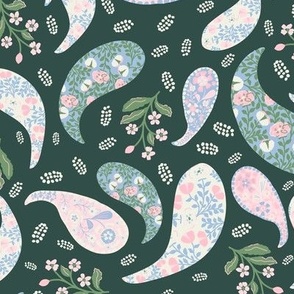 L| Elegant Blue light pink white  Floral Paisley on forest green