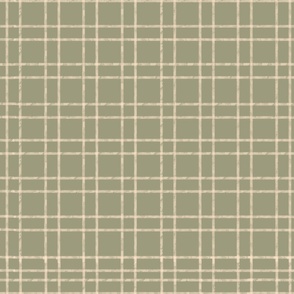 Textured Off White Grid on Artichoke Green | Lines on Pastel Sage Green Background | Thin Checkered Lines with Checkerboard Blocks In Blocks | Plaid
