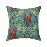 Underwater Habitat- Lobster Seaweed Damask- Nautical Crustacean Summer- Deep Sea Blue- Regular Scale