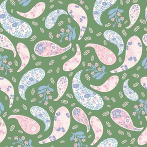 L| Elegant Light Blue shades of pink  Floral Paisley on grass green