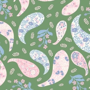 L| Elegant Light Blue shades of pink  Floral Paisley on grass green