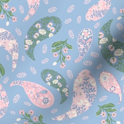 L| Elegant Green  pink  Floral Paisley on Light Blue