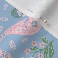 L| Elegant Green  pink  Floral Paisley on Light Blue