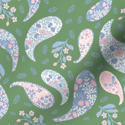 L| Elegant Sky Blue pink  Floral Paisley on Grass green