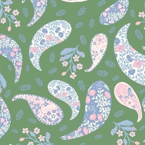 L| Elegant Sky Blue pink  Floral Paisley on Grass green