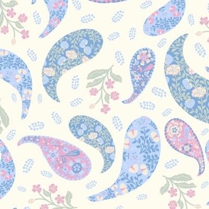 L| Elegant Blue pink  Floral Paisley on Beige