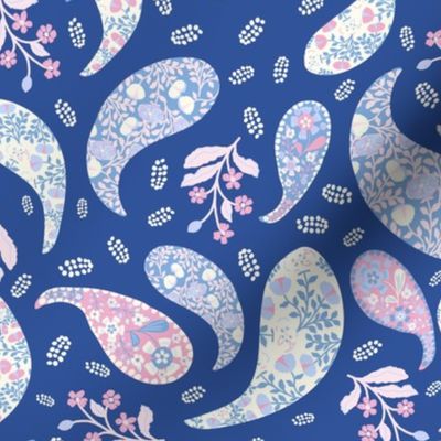 L| Elegant Blue pink  Floral Paisley on Denim Blue