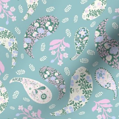 L| Elegant Forest Green light pink  Floral Paisley on green-blue