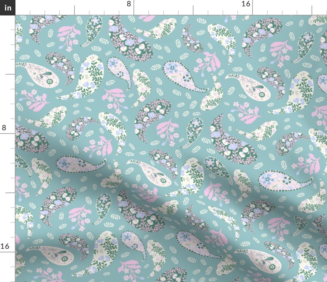 L| Elegant Forest Green light pink  Floral Paisley on green-blue