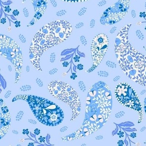 L| Elegant dark blue white  Floral Paisley on baby blue