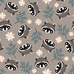 sweet raccoons 2 two inch baby raccoon face tossed garden botanical in warm taupe stone grey gray kids childrens clothing and bedding