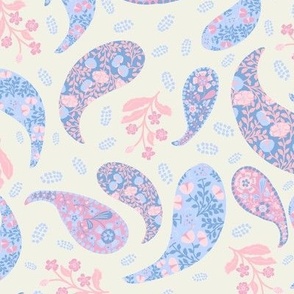 L| Elegant  light pink blue Floral Paisley on white