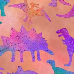 Dinosaur Silhouettes Watercolor Stars on Peachy Pink