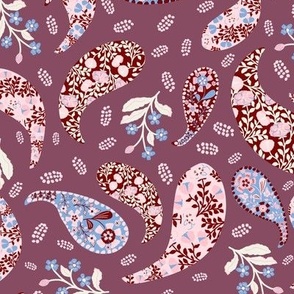 L| Elegant Blue light pink  Floral Paisley on Burgundy