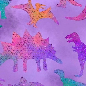 Dinosaur Silhouettes Starry Watercolor on Lavender Purple