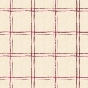 (Small Scale) Triple Stripe Waffle Weave | Cornsilk Cream & Cranberry Red | Textured Plaid