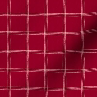 (Small Scale) Triple Stripe Waffle Weave | Cranberry Red & Cornsilk Cream | Textured Plaid