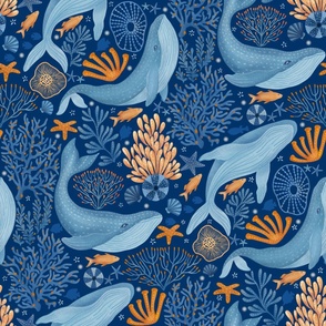 Whales in Enchanted deep blue Ocean  - Large scale