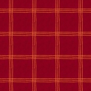 (Small Scale) Triple Stripe Waffle Weave | Cranberry Red & Saffron Yellow | Textured Plaid