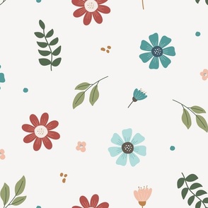 Large / Simple Tossed Floral Flowers and Leaves in Red and Blue on White