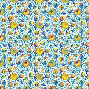 (S) Colorful Ocean Life - Charming Crustacean Core Pattern Featuring Playful Crabs, Tropical Fish, and Starfish Nautical Fabric Multicolor
