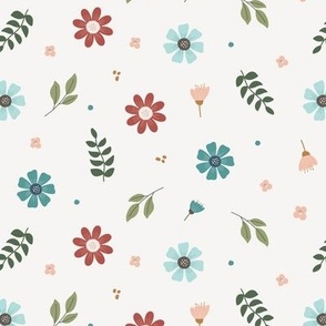 Mini / Simple Tossed Floral Flowers and Leaves in Red and Blue on White