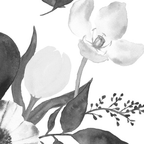 xl - Dahlias with tulips and daisies - watercolor garden flowers in black and white