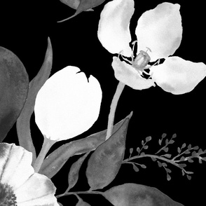 xl - Dahlias with tulips and daisies - watercolor garden flowers in black and white on black