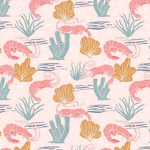 Bright Coral and Pink Shrimp Ocean Fabric - L