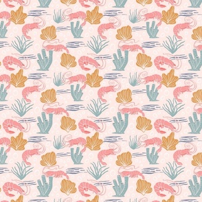 Bright Coral and Pink Shrimp Ocean Fabric - S