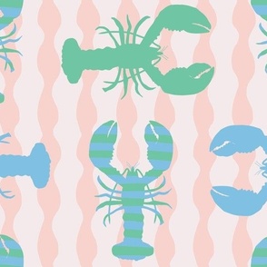 Medium - Crustaceancore beach design - cute striped blue, green and pink pastel lobster print 