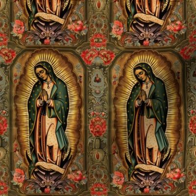 Radiant Dawn: Our Lady of Guadalupe in Lush Floral Frame