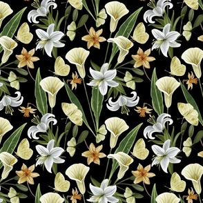 Botanical with White Lilies,  Daffodils,  Arum Lilies and Butterflies, Black Background Small Scale