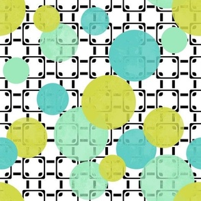 transparent grunge yellow turquoise polka dots on black and white geometric background 
