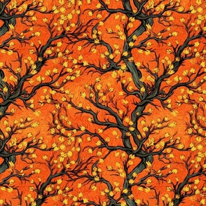 art nouveau impressionism forest in orange and gold inspired by vincent van gogh