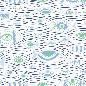Decorative Evil Eye, Fishes  and Whispering Tide in Sky Blue, Celadon green and Serenity blue