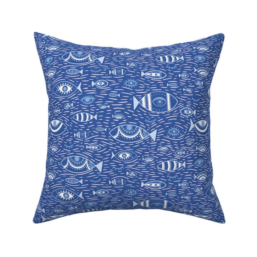 Decorative Evil Eye, Fishes  and Whispering Tide in Ultramarine blue,  serenity Blue and Off white