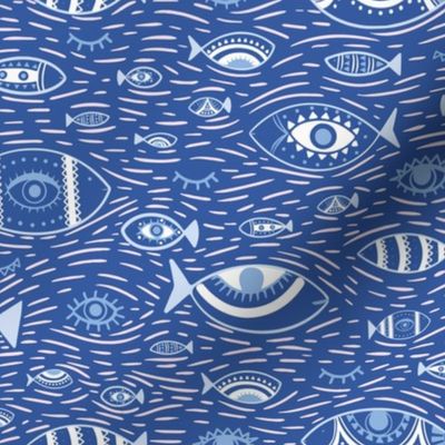 Decorative Evil Eye, Fishes  and Whispering Tide in Ultramarine blue,  serenity Blue and Off white