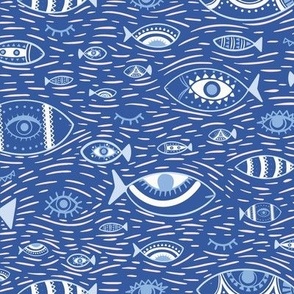 Decorative Evil Eye, Fishes  and Whispering Tide in Ultramarine blue,  serenity Blue and Off white