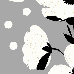 sweet simple white flowers in stripes with black splashes on silver gray - jumbo scale