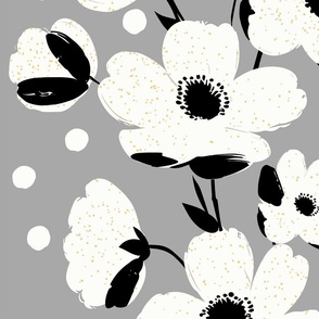 sweet simple white flowers in stripes with black splashes on silver gray - large scale