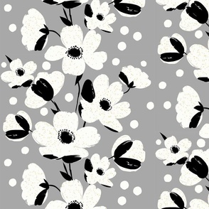 sweet simple white flowers in stripes with black splashes on silver gray - medium scale