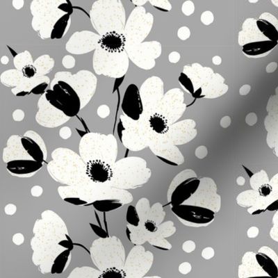 sweet simple white flowers in stripes with black splashes on silver gray - small scale