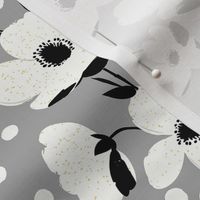 sweet simple white flowers in stripes with black splashes on silver gray - small scale