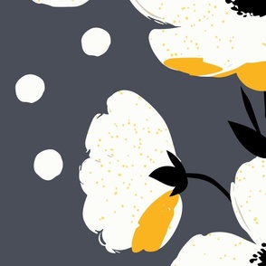 sweet simple white flowers in stripes with yellow splashes on dark gray - jumbo scale