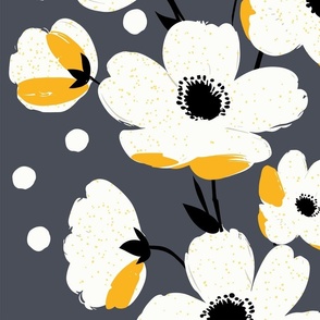sweet simple white flowers in stripes with yellow splashes and dark gray - large scale
