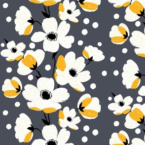 sweet simple white flowers in stripes with yellow splashes and dark gray - medium scale