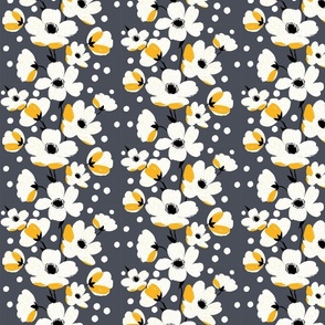sweet simple white flowers in stripes with yellow splashes and dark gray - small scale