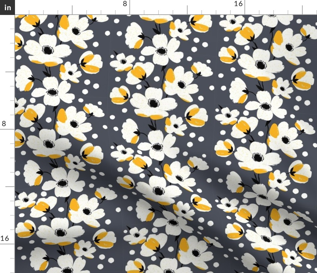 sweet simple white flowers in stripes with yellow splashes and dark gray - small scale