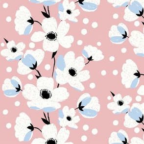 sweet simple white flowers in stripes with light blue splashes and pink - medium scale